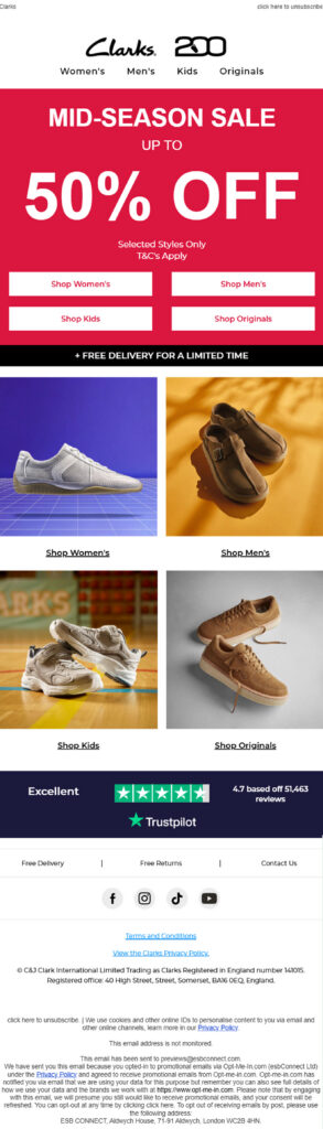 Clarks marketing email preview
